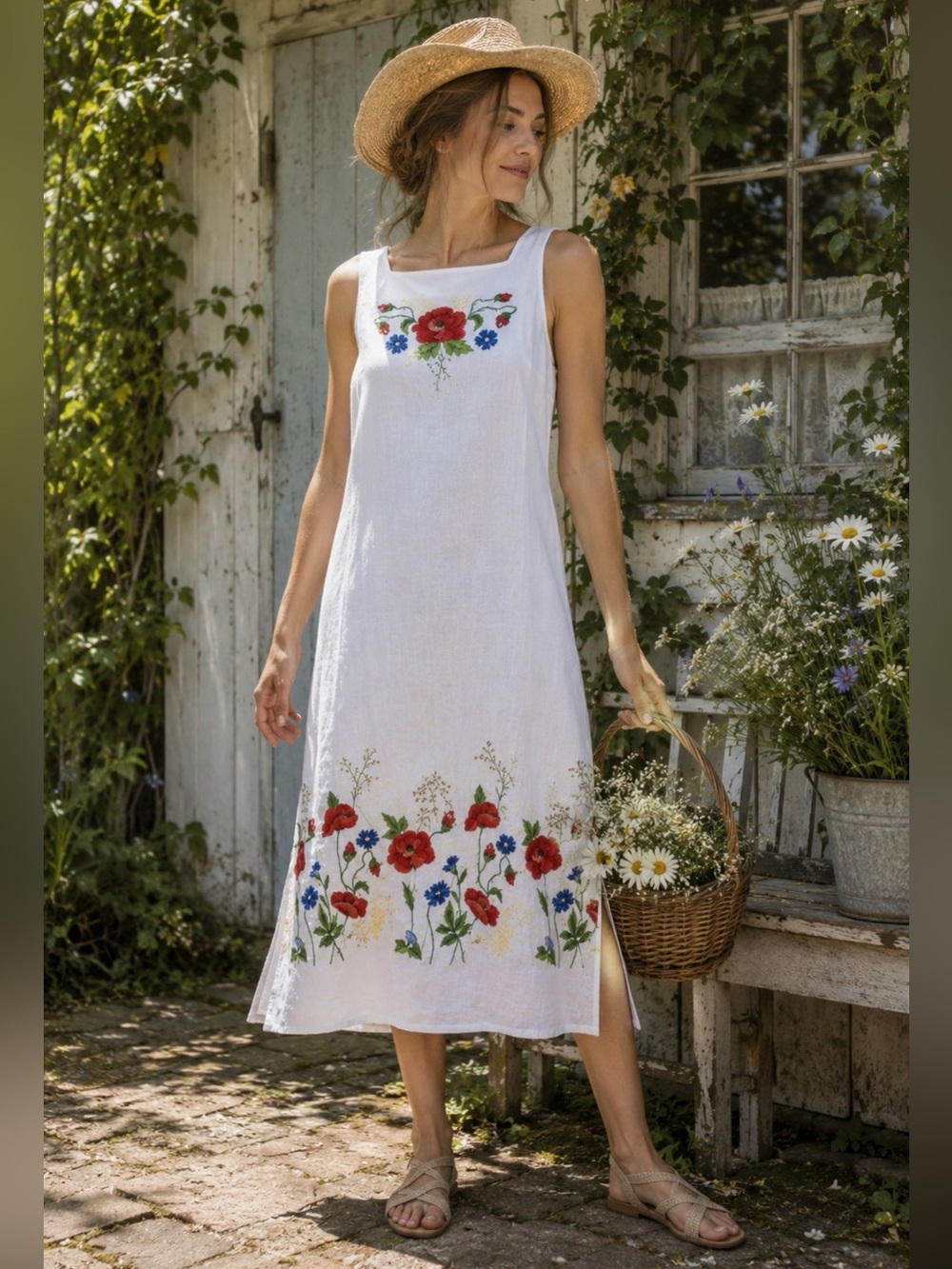 White Embroidered Floral Dress Folk Cottagecore
Prairie Poppy Cornflower Boho M